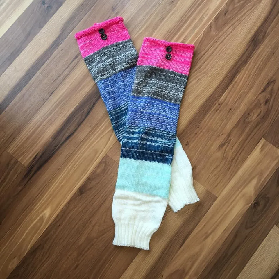 { Leg warmers/boot toppers/hand warmers } Pink, blue, grey stripes.