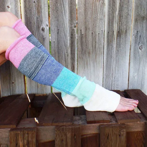 { Leg warmers/boot toppers/hand warmers } Pink, blue, grey stripes.