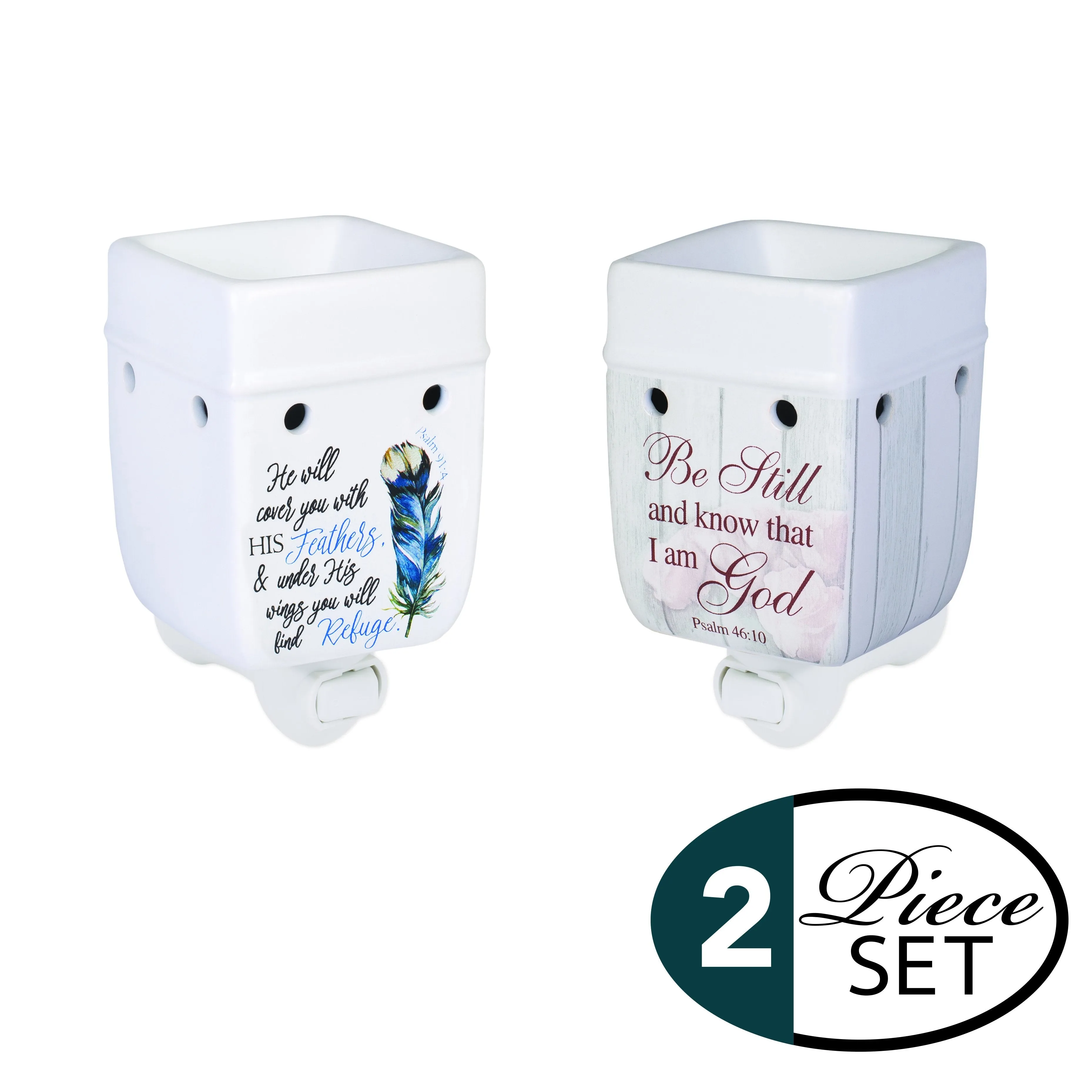 2 Pc Set Refuge Under His Wings, Be Still Scripture Ceramic Stoneware Plug-In Tart Oil Wax Warmers