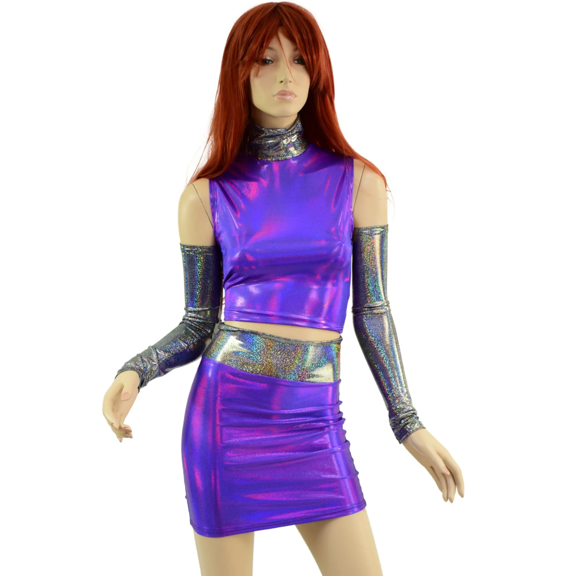 6PC Purple Crop Top & Skirt Set with Silver Holo Trim and Arm & Leg Warmers