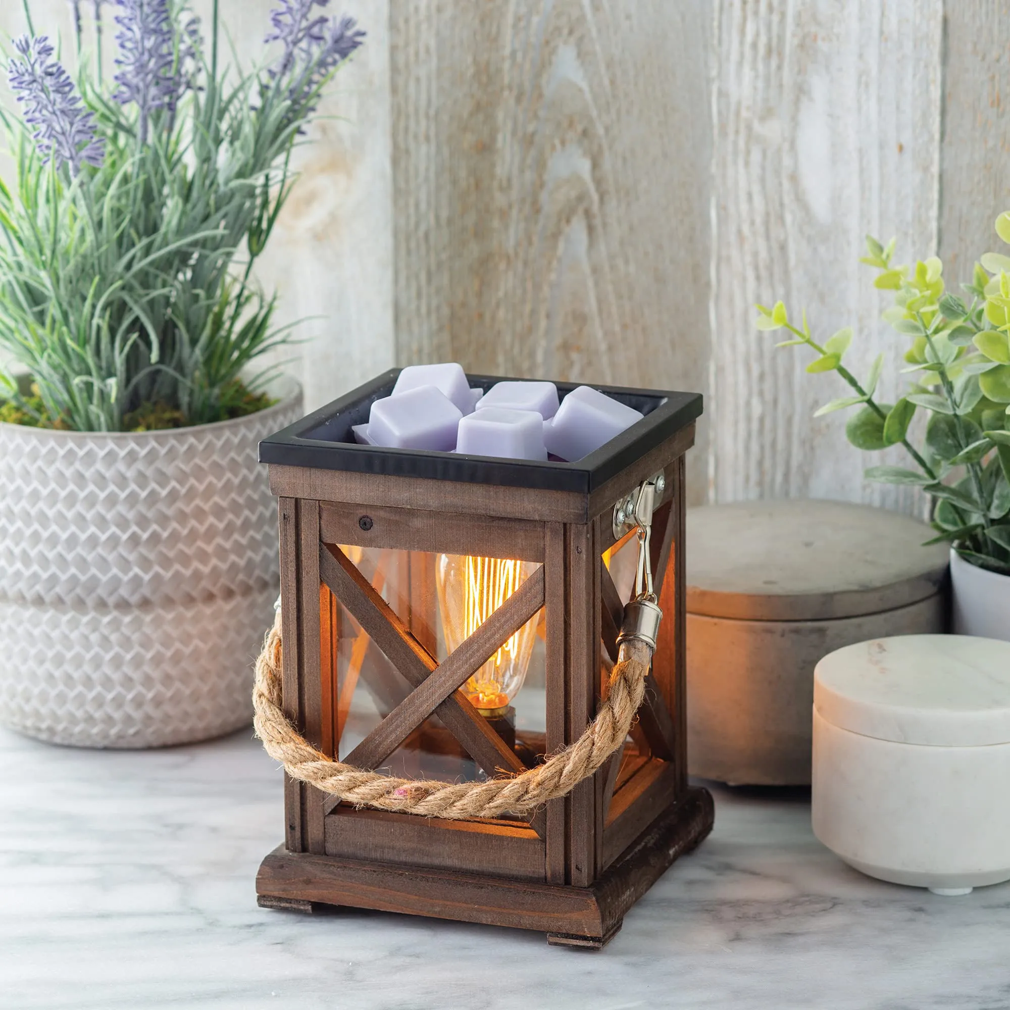 Candle Warmers Etc. Vintage Bulb Illumination Fragrance Warmer- Light-Up Warmer for Warming Scented Candle Wax Melts and Tarts to Freshen Room, Walnut and Rope