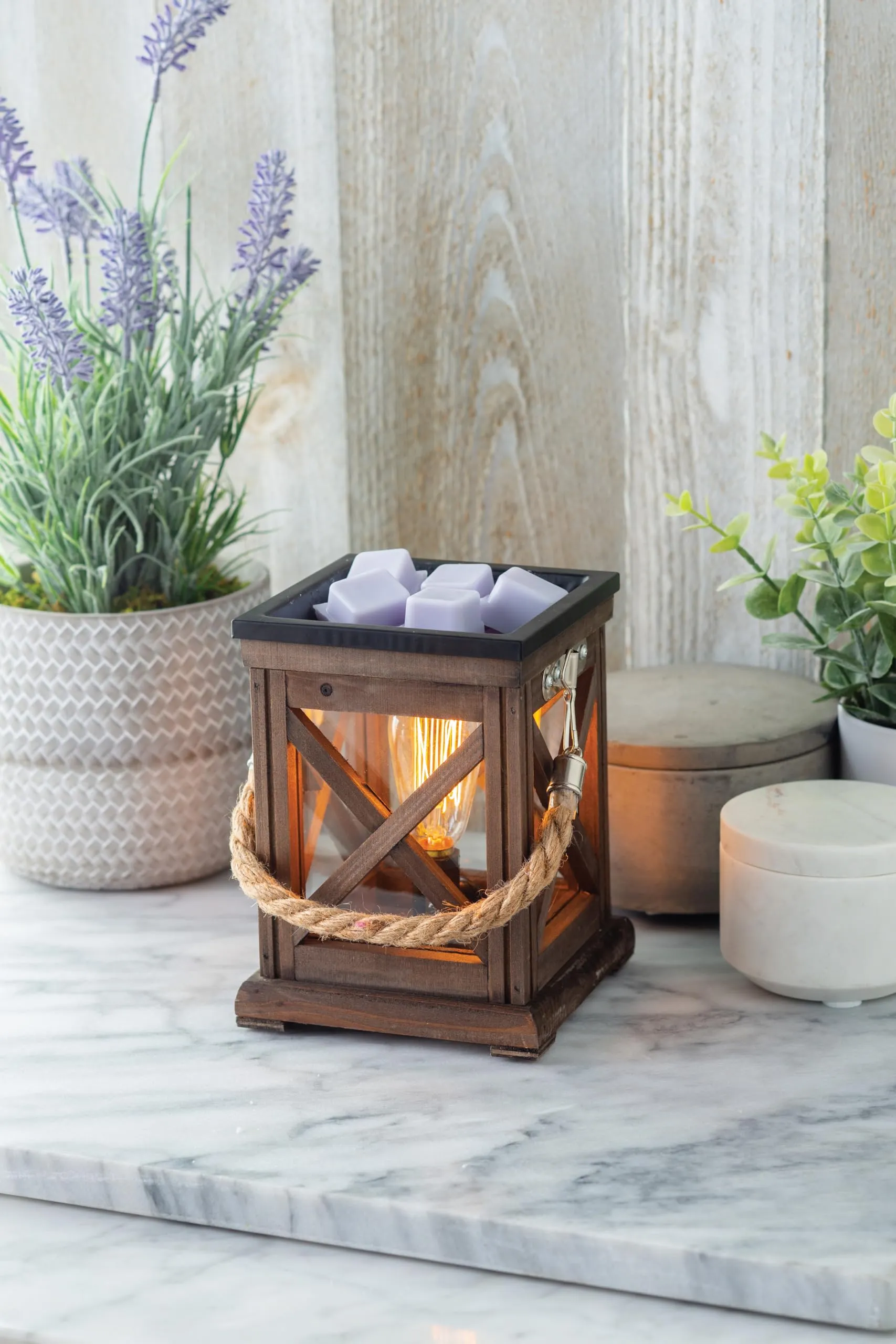 Candle Warmers Etc. Vintage Bulb Illumination Fragrance Warmer- Light-Up Warmer for Warming Scented Candle Wax Melts and Tarts to Freshen Room, Walnut and Rope