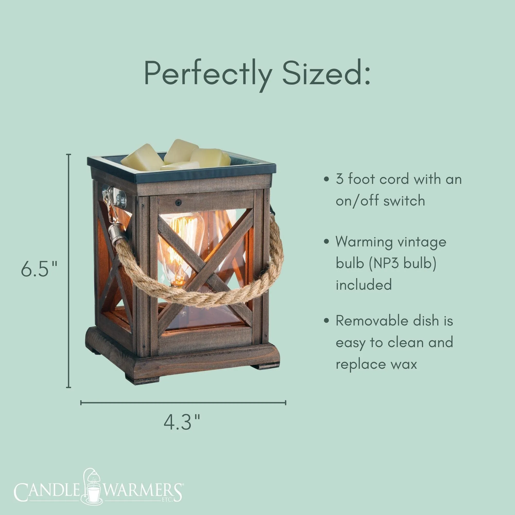 Candle Warmers Etc. Vintage Bulb Illumination Fragrance Warmer- Light-Up Warmer for Warming Scented Candle Wax Melts and Tarts to Freshen Room, Walnut and Rope