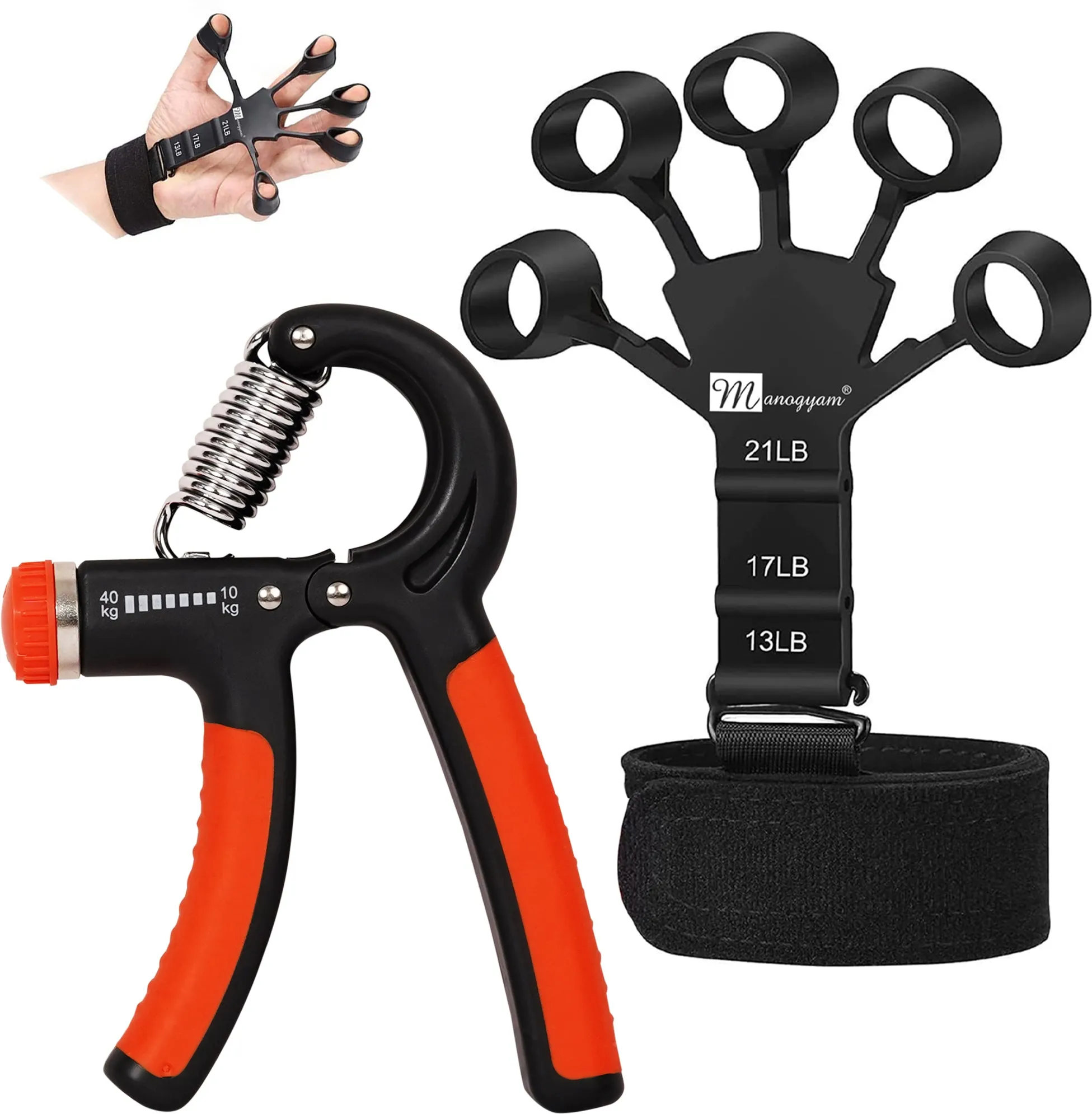 Combo Pack of Adjustable Hand Grip Strengthener & Finger Trainer Forearm Workout