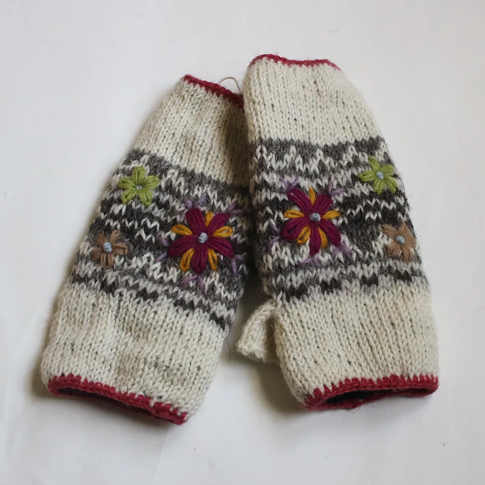 Flower Embroidered Knitted Wool Wrist Warmers