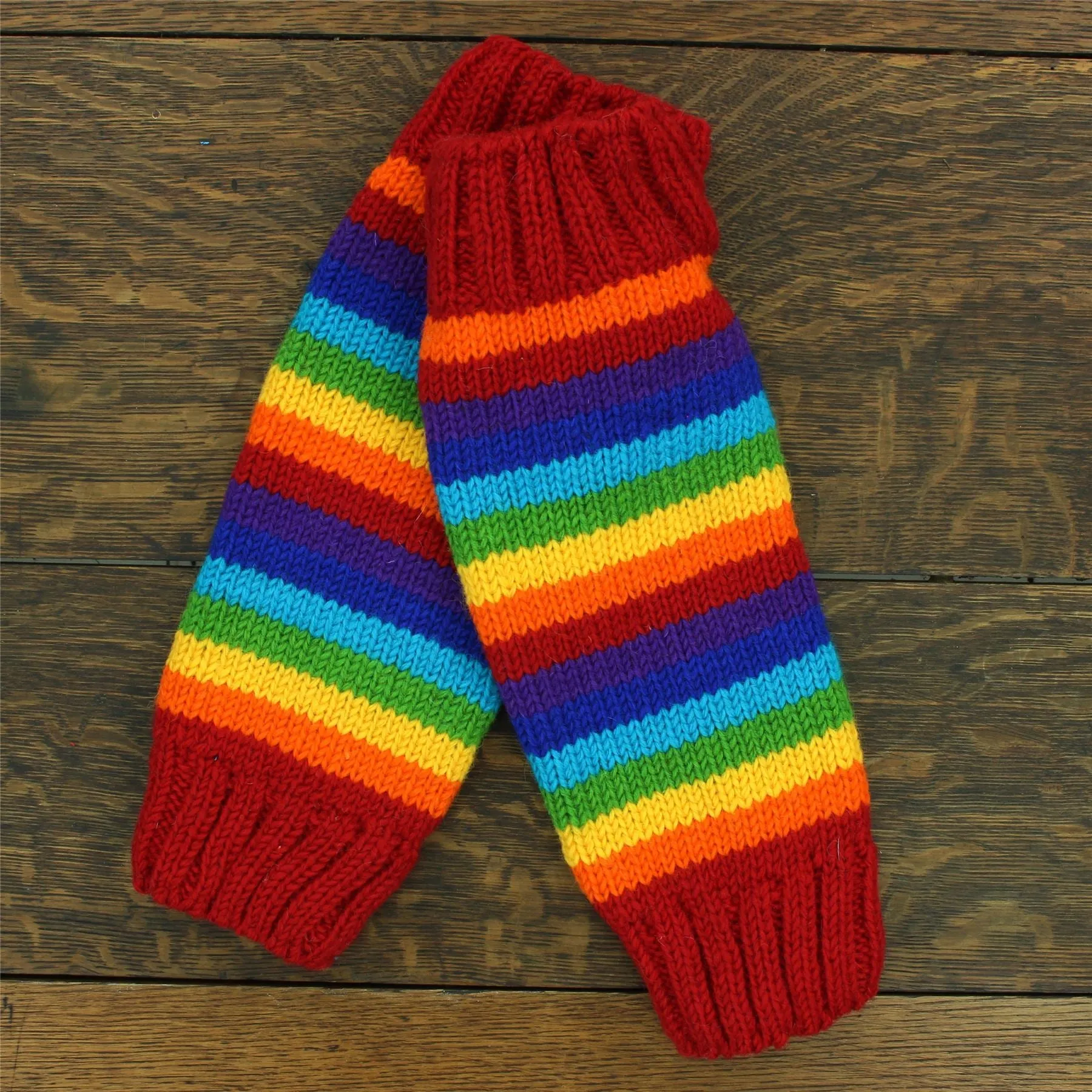 Hand Knitted Wool Leg Warmers - Stripe Bright Rainbow