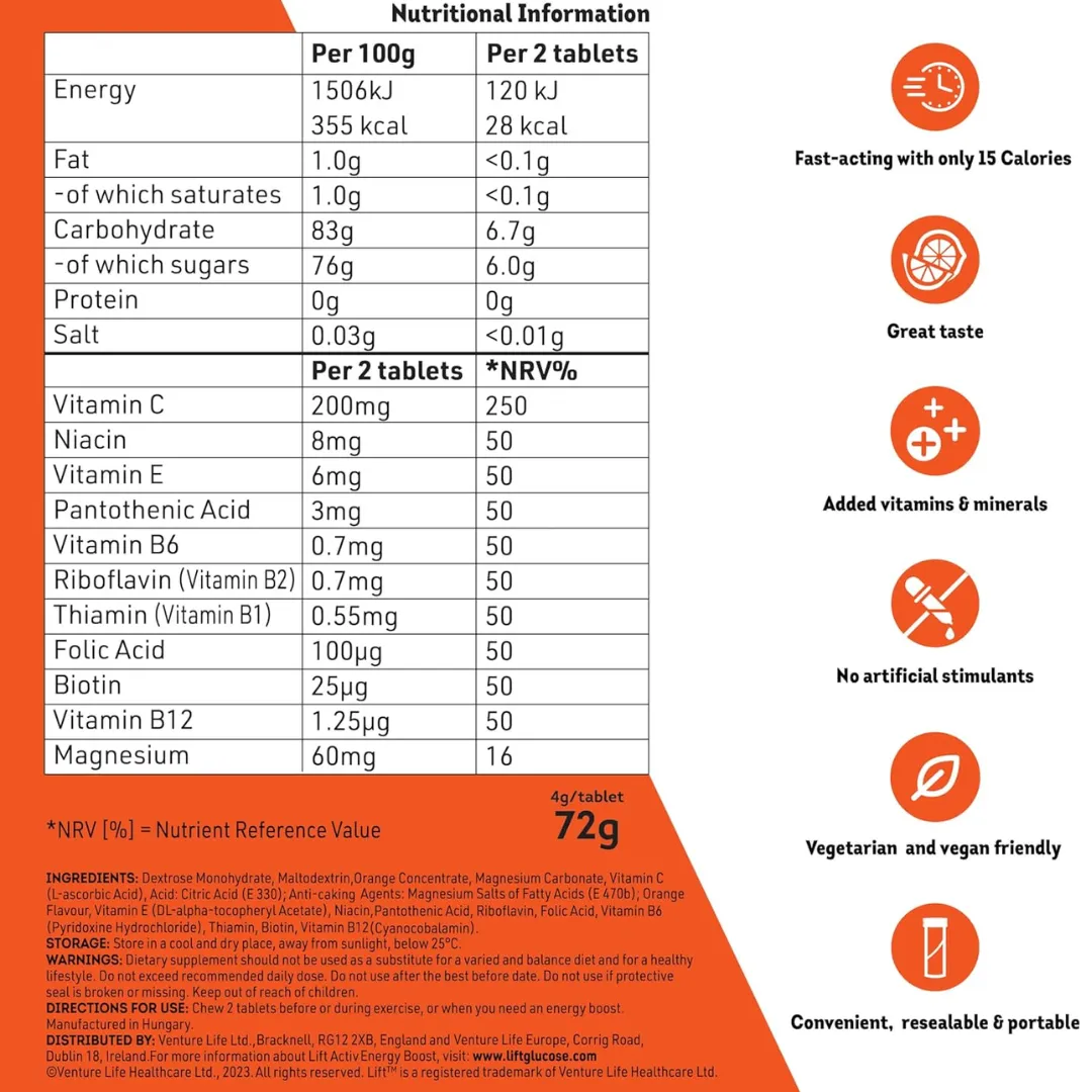 Lift Activ Energy Boosting Tangy Orange Glucose Chewable  Tablets  (T)