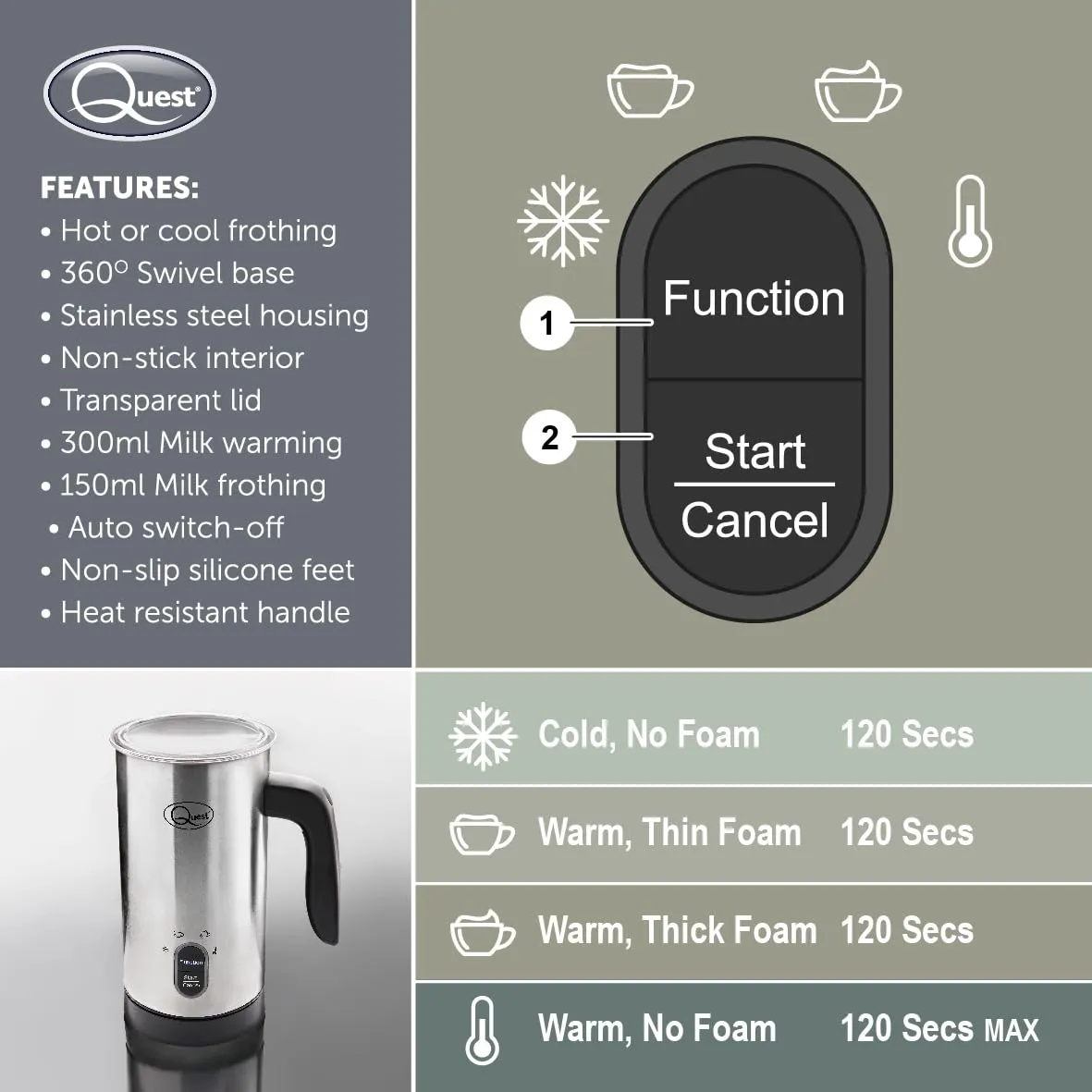 Quest 34179 Electric Milk Frother/Hot & Cold Coffee Frother/Double Walled Insulation/Non-Stick Easy Clean Interior / 300ml Capacity/Stainless Steel