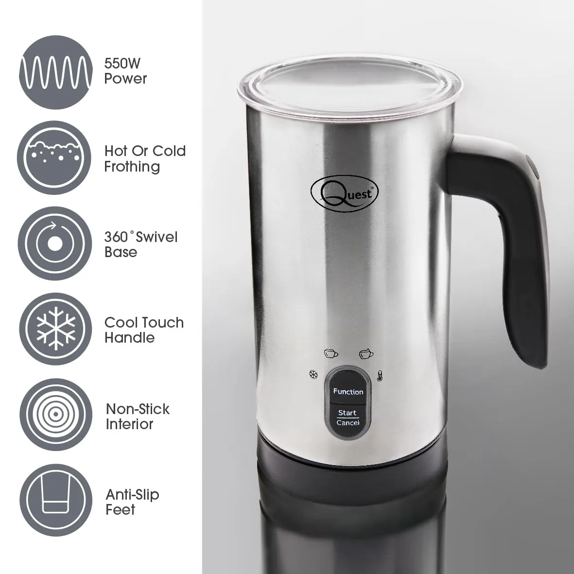 Quest 34179 Electric Milk Frother/Hot & Cold Coffee Frother/Double Walled Insulation/Non-Stick Easy Clean Interior / 300ml Capacity/Stainless Steel