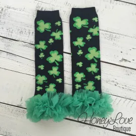 St. Patrick's Day Green/Black Shamrock leg warmers with green ruffles