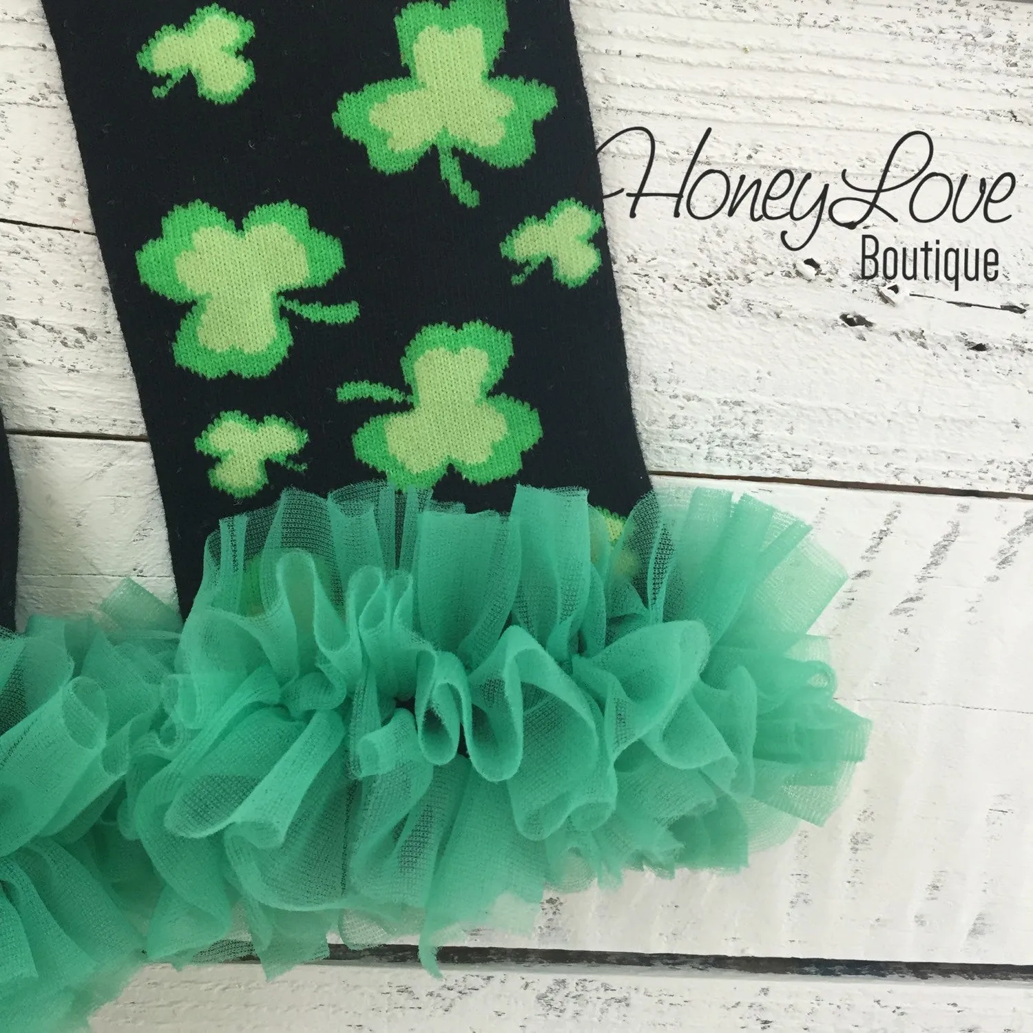 St. Patrick's Day Green/Black Shamrock leg warmers with green ruffles