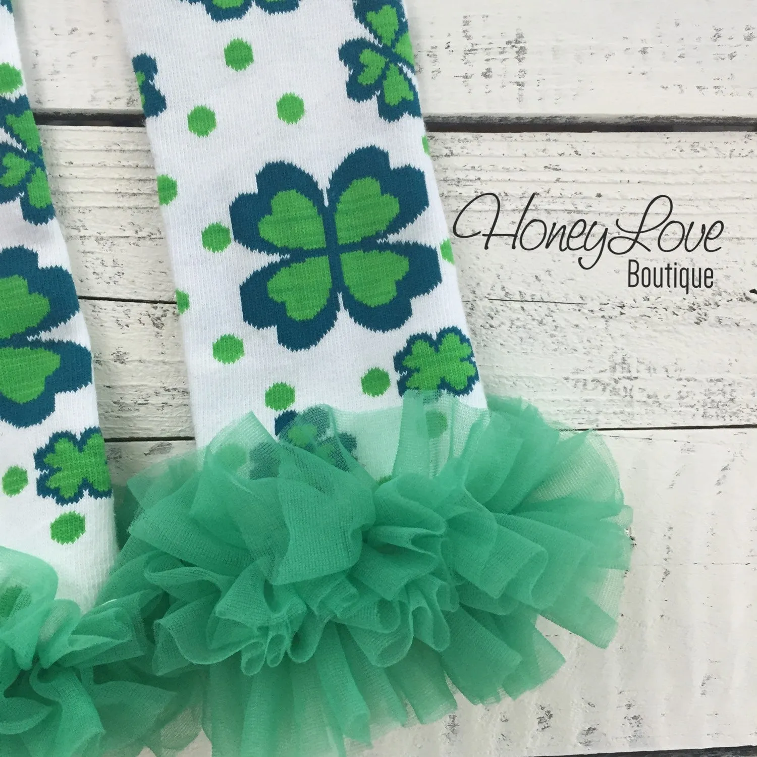 St. Patrick's Day Green/Navy Shamrock leg warmers with green ruffles