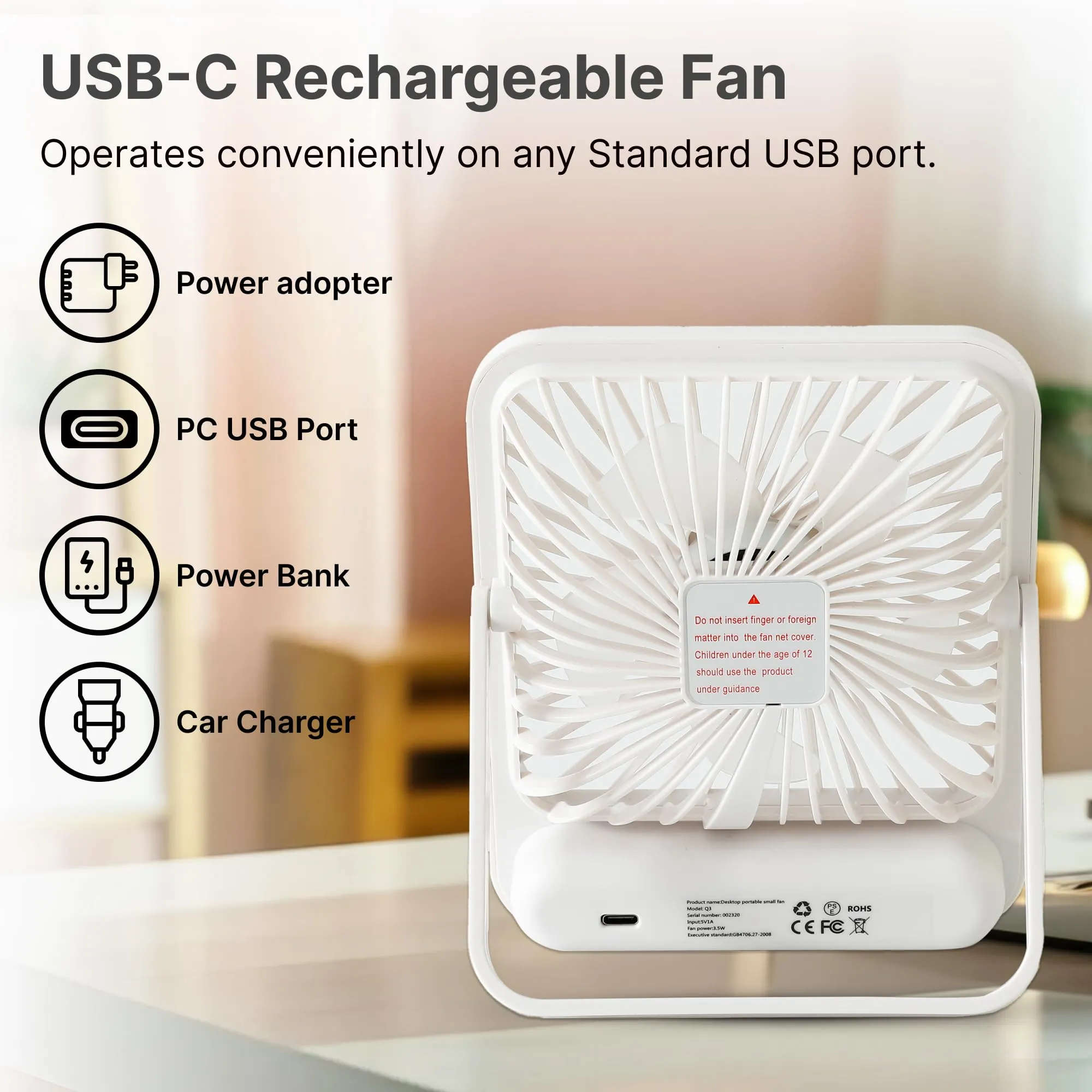 UMAI Digital Portable Mini Fan | Rechargeable USB Fan with 5 Speeds | Portable Fan for Office Home Travel | 4-6 Hours Running 2000mAh Battery | Small Fan with 180° Tilt Angle | 1 Yr warranty | White