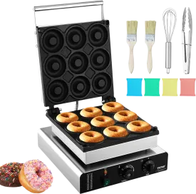 Vevor Commercial Electric Donut Maker 2000W 9 Holes Non-Stick Double-Sided Heating 122-572°F New