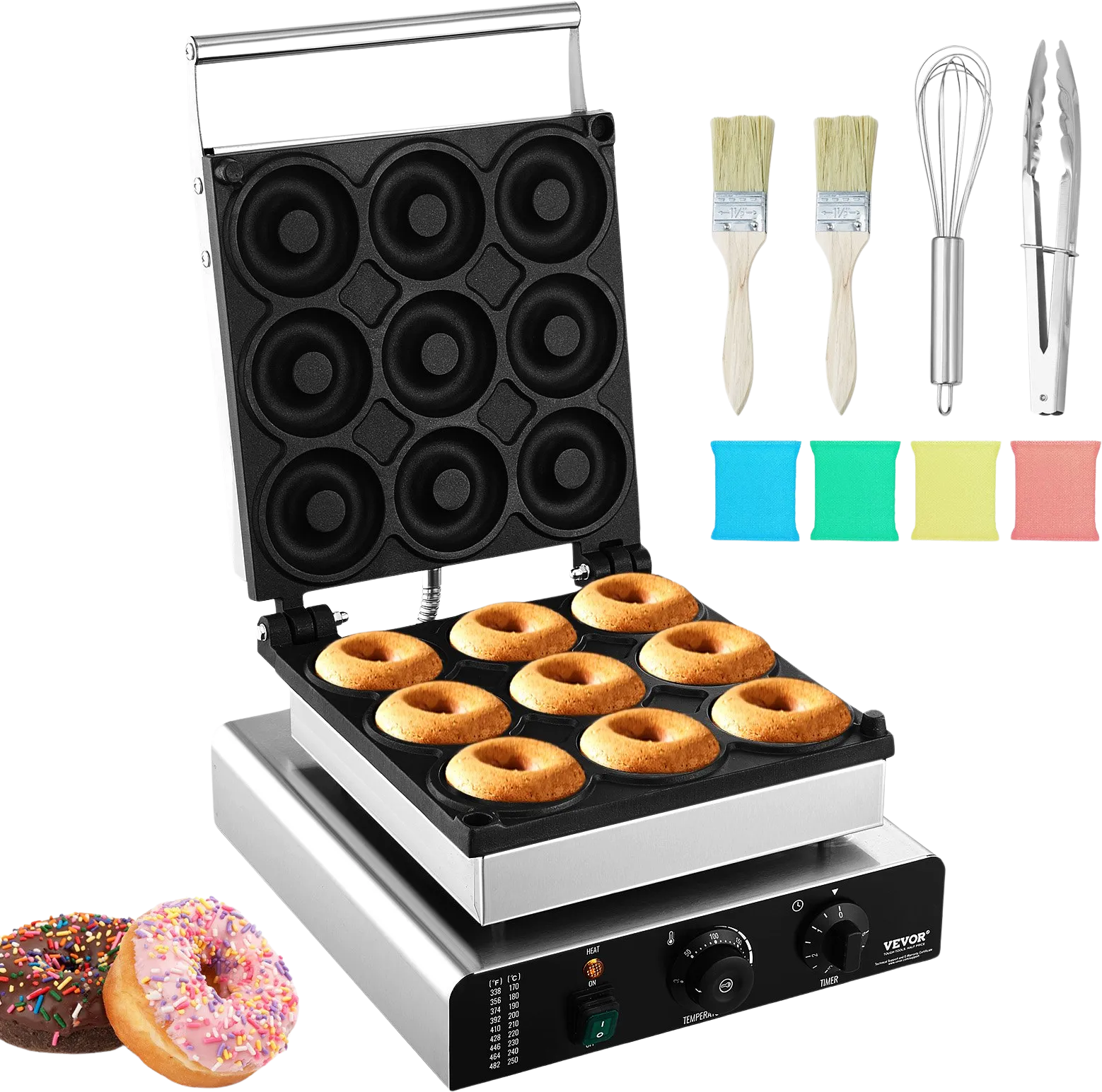 Vevor Commercial Electric Donut Maker 2000W 9 Holes Non-Stick Double-Sided Heating 122-572°F New