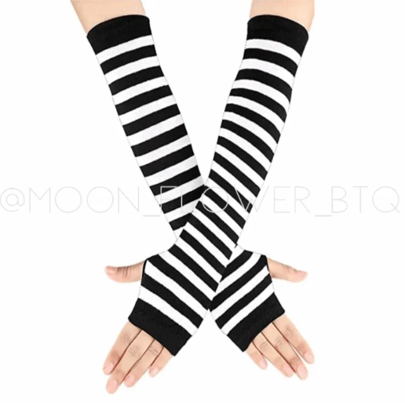 White Black Striped Long Fingerless Gloves Arm Warmers