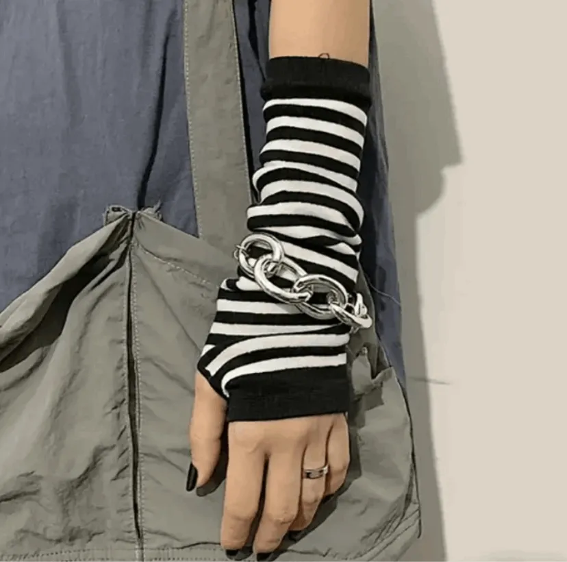 White Black Striped Long Fingerless Gloves Arm Warmers