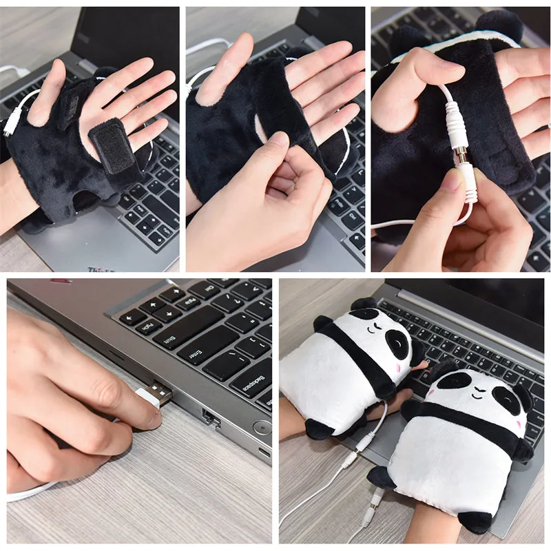 Winter USB Heated Hand Warmers Cute Cartoon Heating Fingerless Gloves