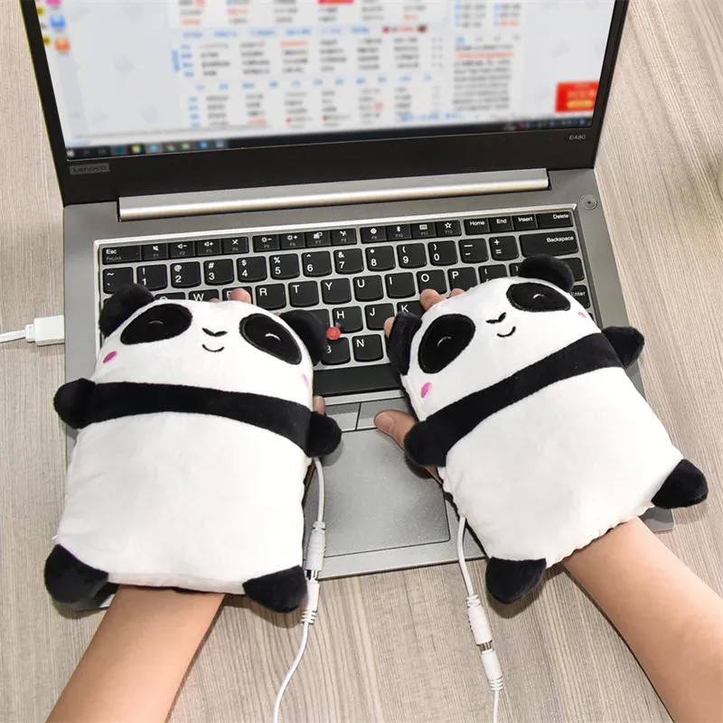 Winter USB Heated Hand Warmers Cute Cartoon Heating Fingerless Gloves