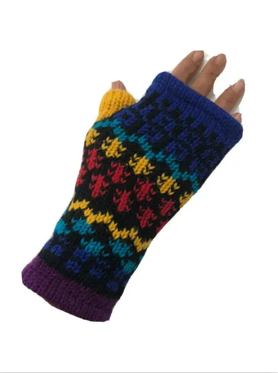 Wool Knit Fleece Lined  Wrist Warmers - Mismatch Black