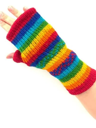 Wool Knit Fleece Lined  Wrist Warmers - Rainbow Zig Zag