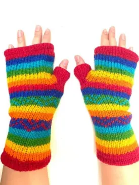 Wool Knit Fleece Lined  Wrist Warmers - Rainbow Zig Zag